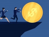 Business flat vector concept team run after coin cliff metaphor greedy 8073 664